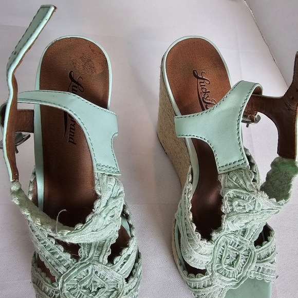 Lucky Brand Ridgeview Wedge Sandals Green Peep Toe Size 38 - Picture 7 of 11